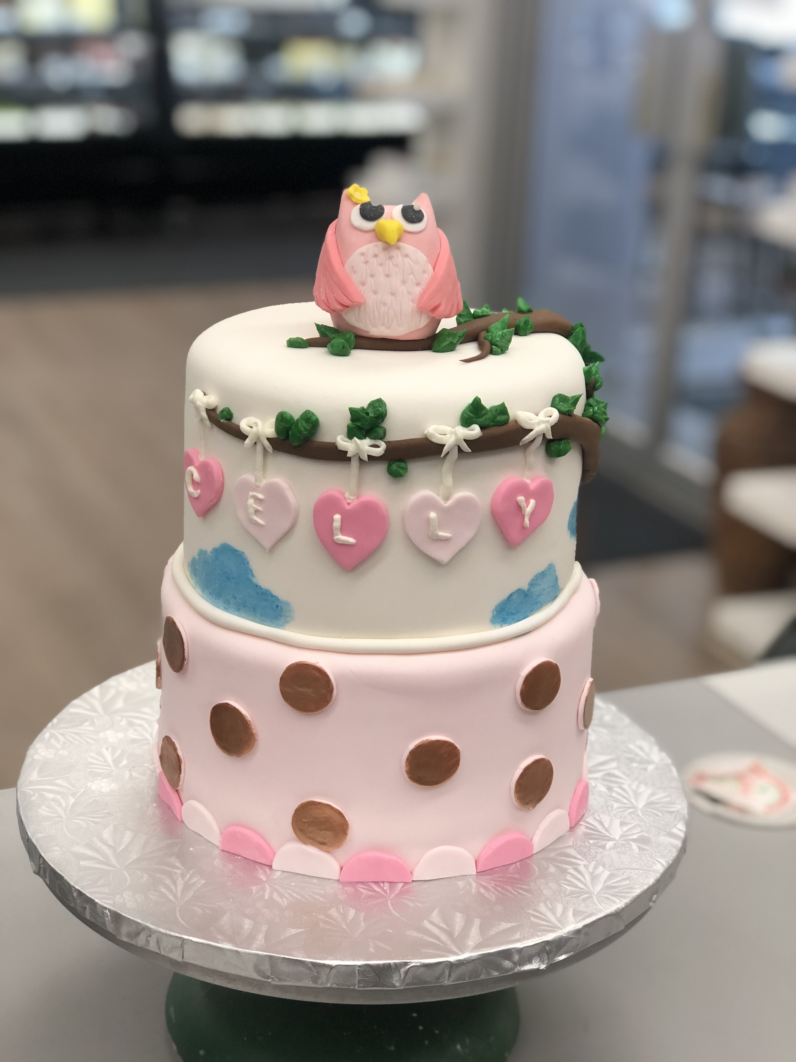 Baby Owl First Birthday Custom cake by Goodies Winnipeg Bakery